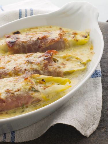 Endivias o escarolas gratinadas con jamón