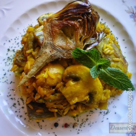 Arroz con alcachofas y champiñones